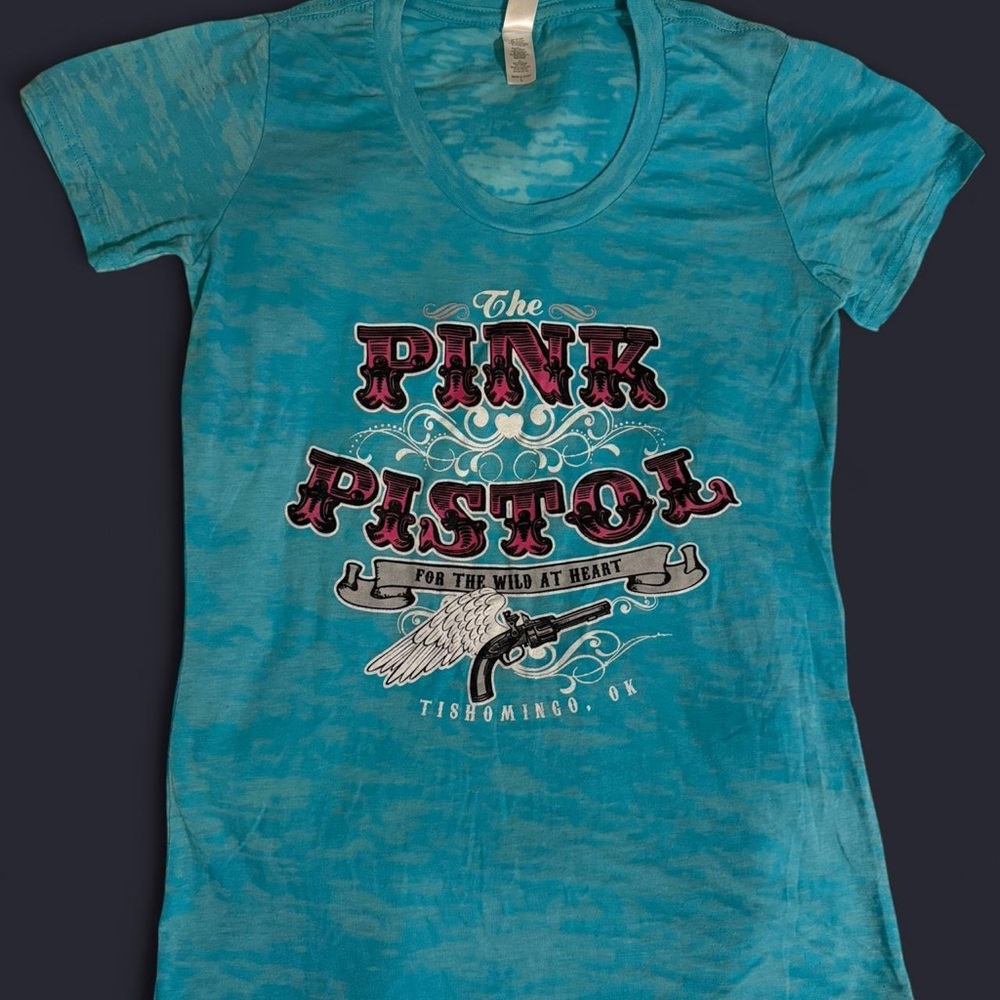 Pink Pistol Tishomingo Oklahoma Blue Tee with Pink detail